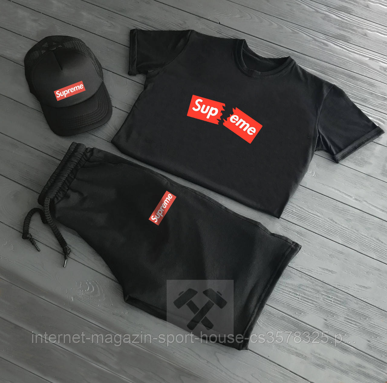 Чоловічий комплект футболка + шорти + кепка Supreme (люкс )