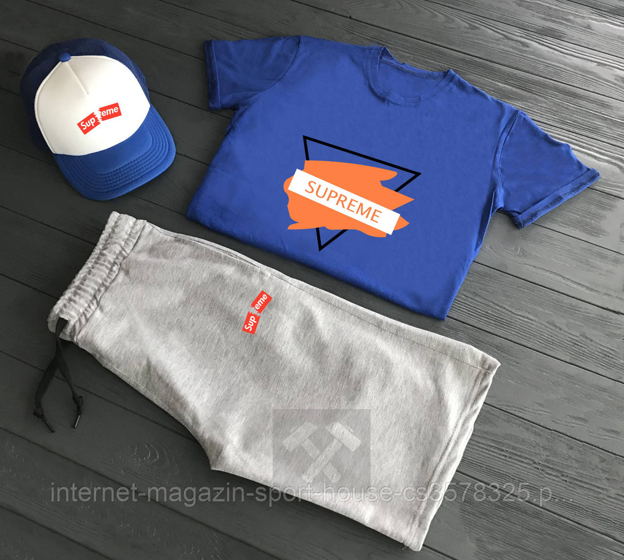 Чоловічий комплект футболка + шорти + кепка Supreme (люкс )