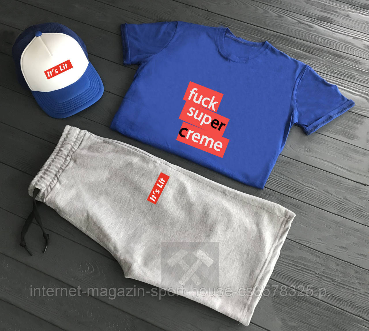 Чоловічий комплект футболка + шорти + кепка Supreme (люкс )