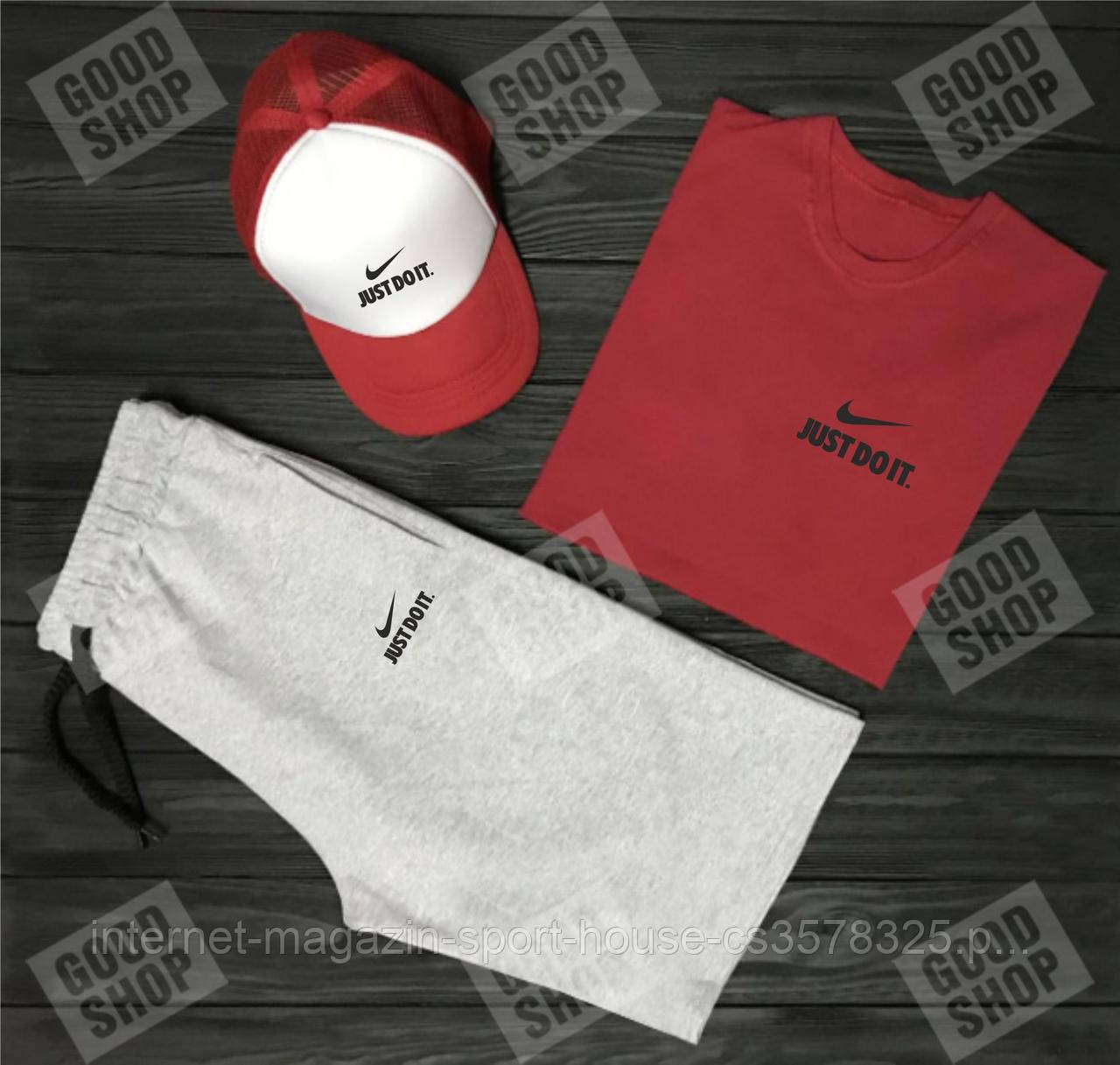 Чоловічий комплект футболка, кепка і шорти Nike червоного, сірого і білого кольору (люкс )