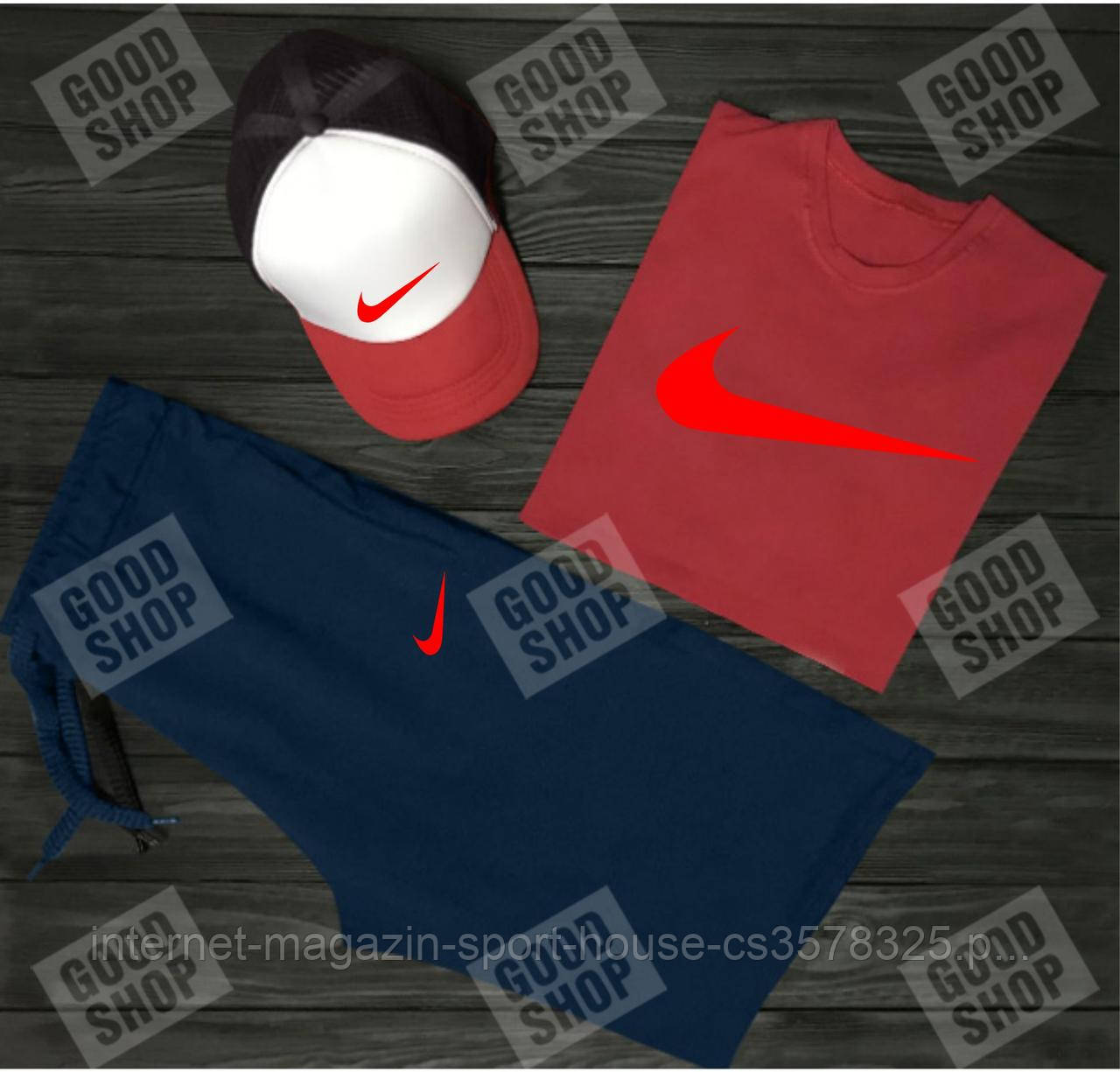 Чоловічий костюм трійка кепка футболка і шорти Найк (Nike), літній чоловічий костюм,