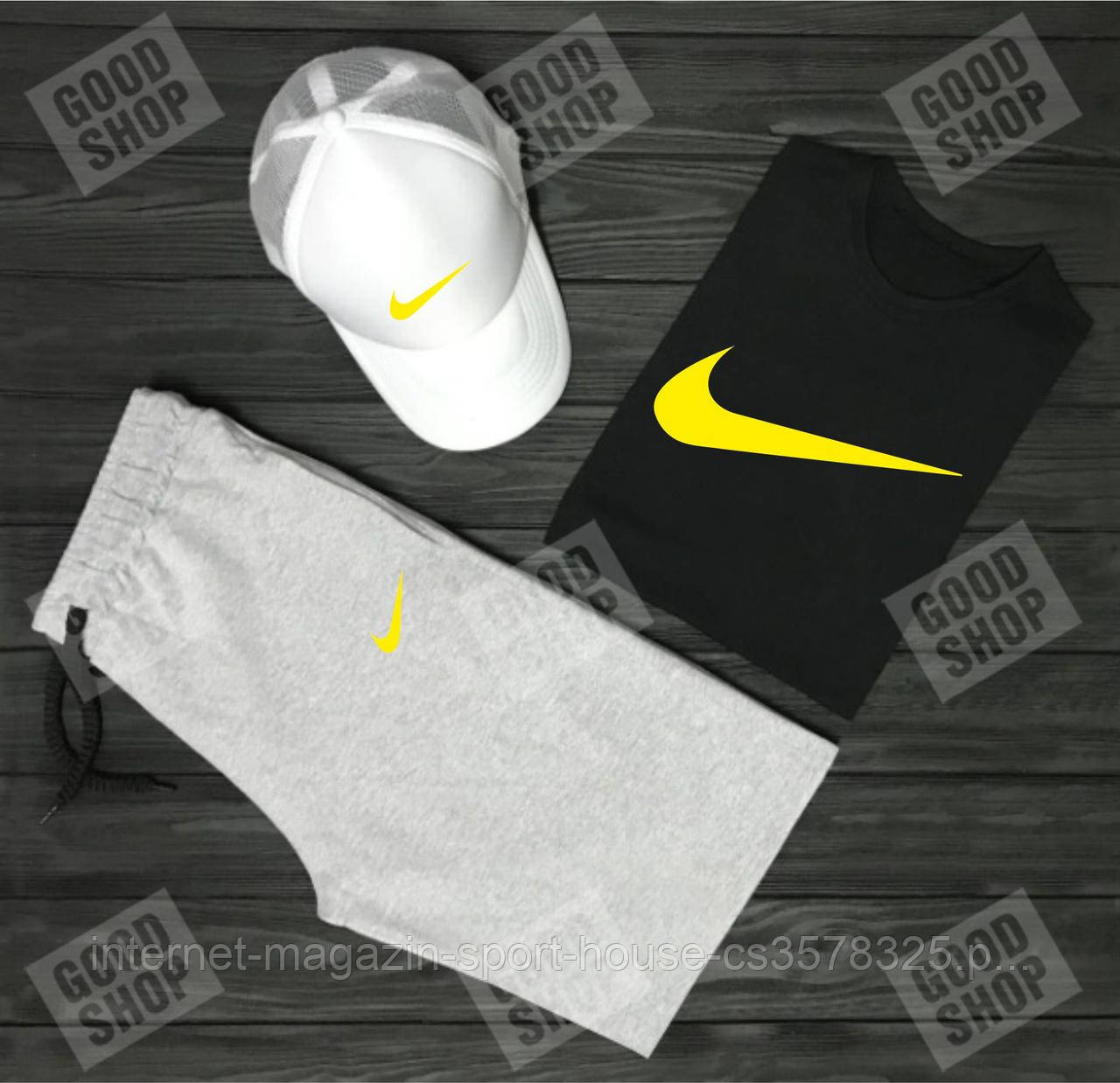 Чоловічий костюм трійка кепка футболка і шорти Найк (Nike), літній чоловічий костюм,