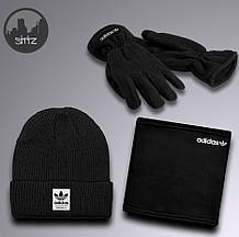 Чоловічий комплект шапка + бафф + рукавички Adidas чорного кольору (люкс )