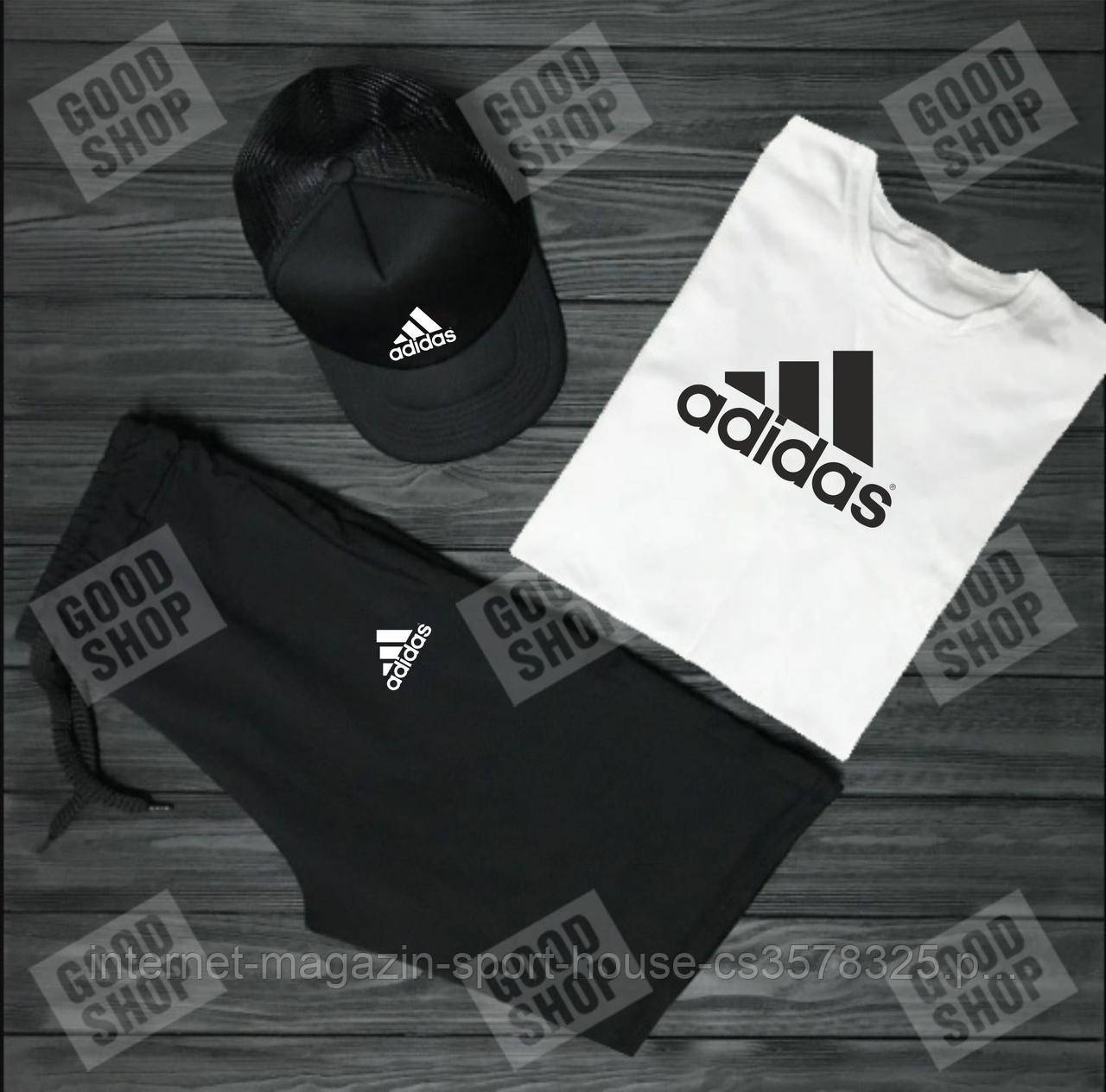 Чоловічий костюм трійка кепка футболка і шорти Адідас (Adidas), літній чоловічий костюм,