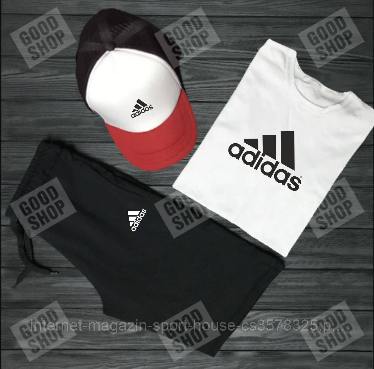 Чоловічий костюм трійка кепка футболка і шорти Адідас (Adidas), літній чоловічий костюм,