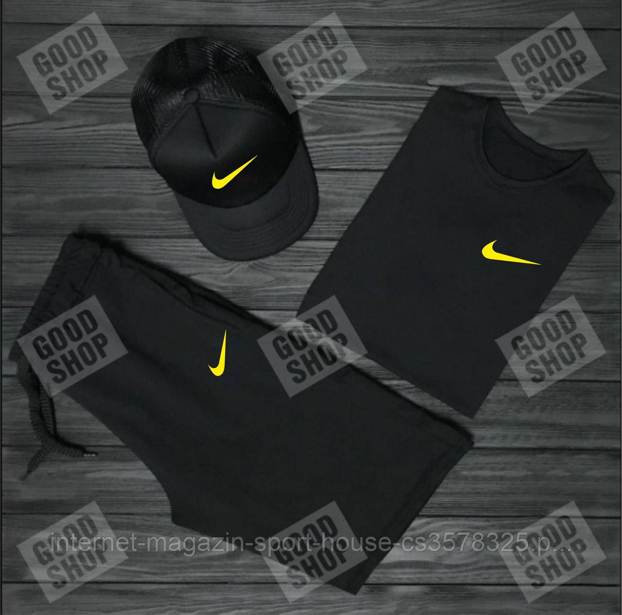 Чоловічий костюм трійка кепка футболка і шорти Найк (Nike), літній чоловічий костюм,