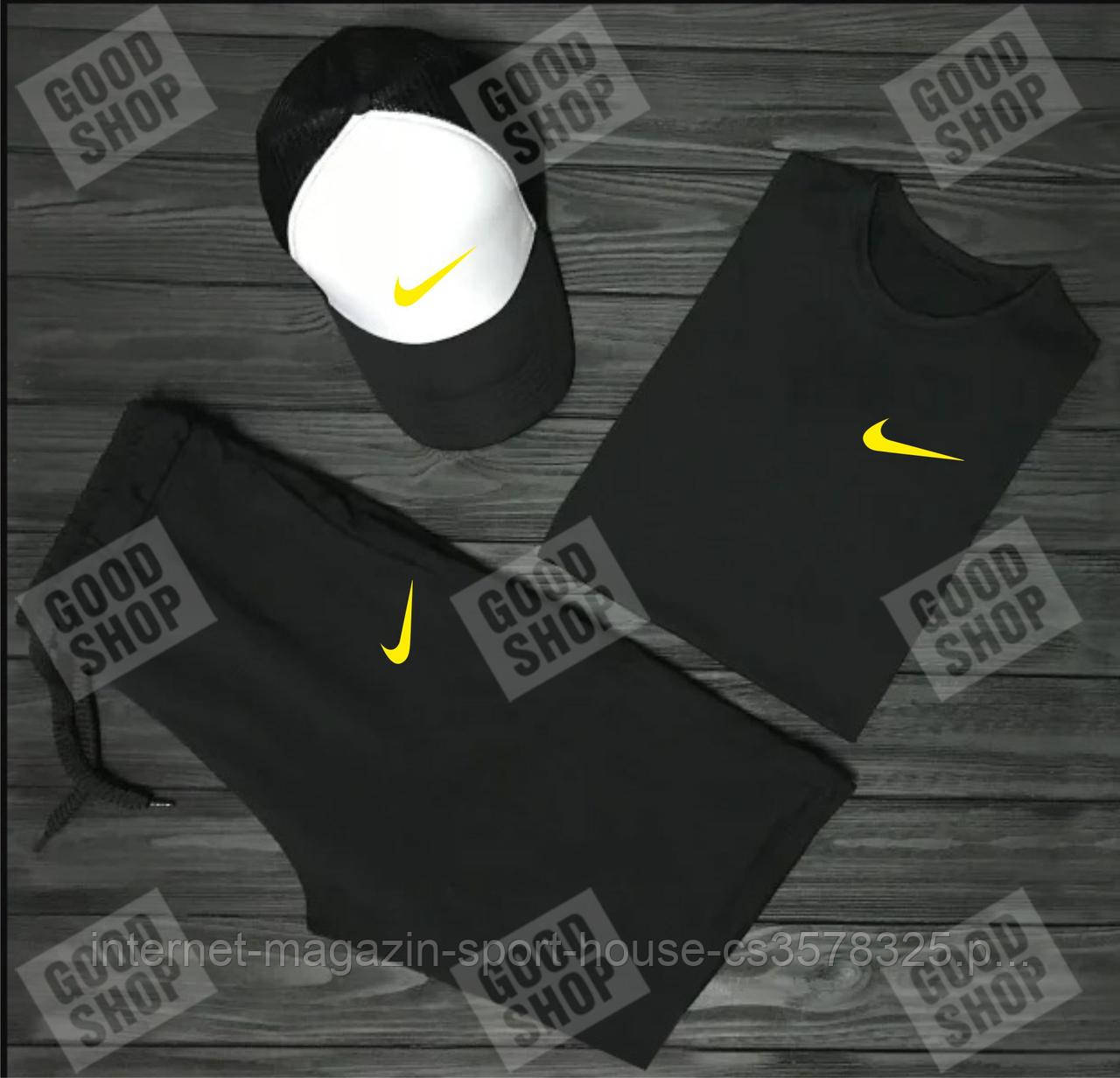 Чоловічий костюм трійка кепка футболка і шорти Найк (Nike), літній чоловічий костюм,