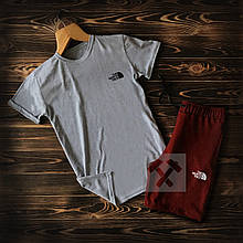 Чоловічий комплект футболка + шорти the north face сірого та бордового кольору (люкс )