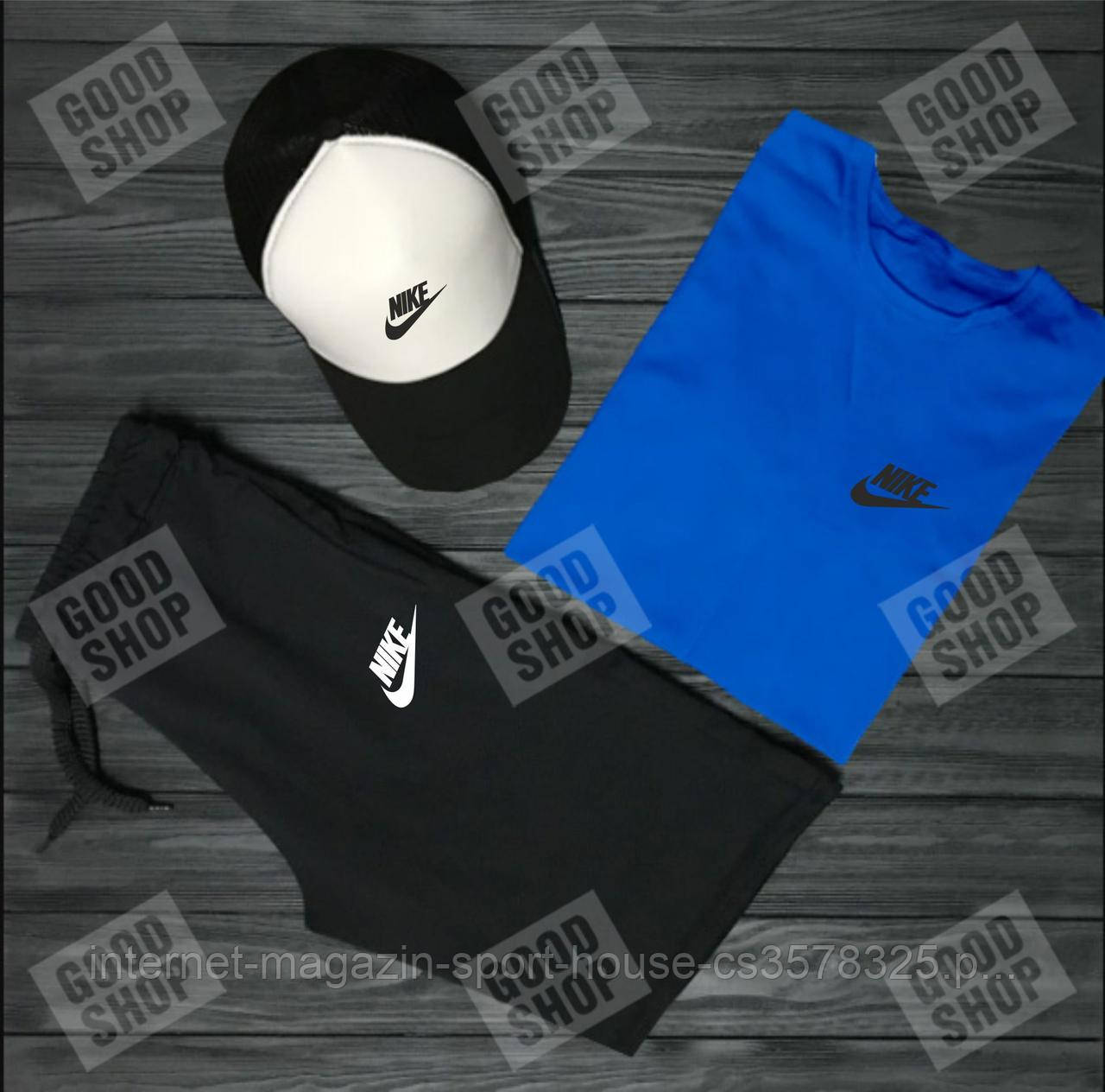 Чоловічий костюм трійка кепка футболка і шорти Найк (Nike), літній чоловічий костюм,