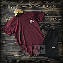 Чоловічий комплект футболка + шорти New Balance бордового і чорного кольору (люкс )