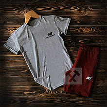 Чоловічий комплект футболка + шорти New Balance сірого та бордового кольору (люкс )