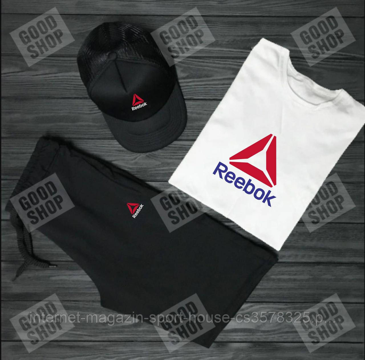 Чоловічий костюм трійка кепка футболка і шорти Рібок (Reebok), літній чоловічий костюм,
