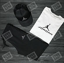 Чоловічий комплект футболка, кепка і шорти Jordan білого і чорного кольору (люкс )