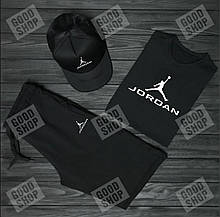 Чоловічий комплект футболка, кепка і шорти Jordan чорного кольору (люкс )