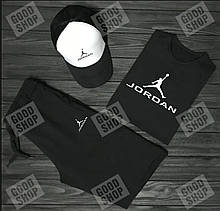 Чоловічий комплект футболка, кепка і шорти Jordan чорного і білого кольору (люкс )
