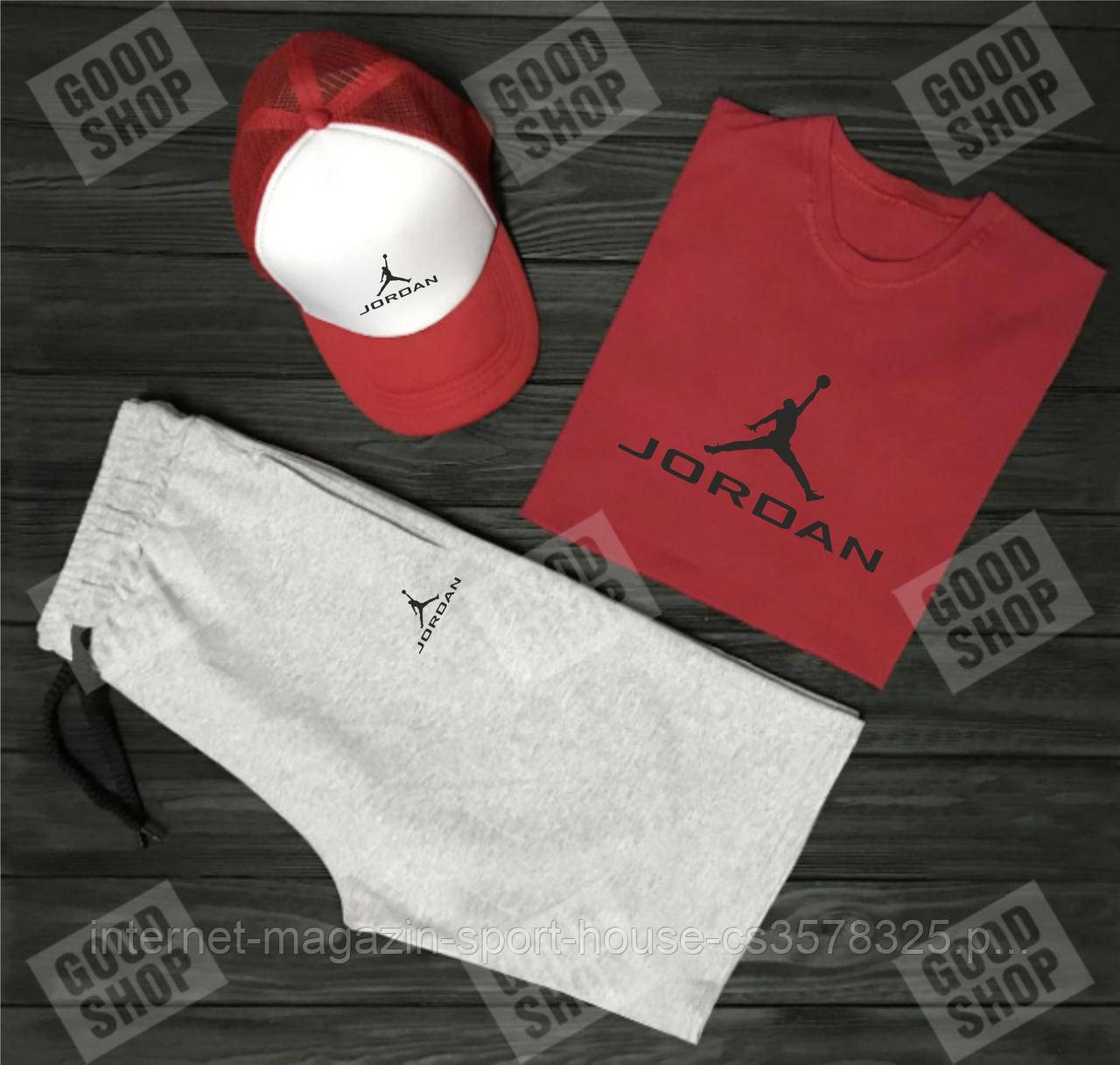 Чоловічий комплект футболка, кепка і шорти Jordan червоного, сірого і білого кольору (люкс )
