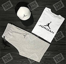 Чоловічий комплект футболка, кепка і шорти Jordan сірого, чорного і білого кольору (люкс )