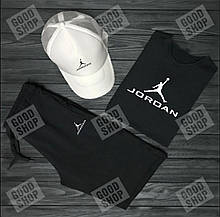 Чоловічий комплект футболка, кепка і шорти Jordan чорного і білого кольору (люкс )