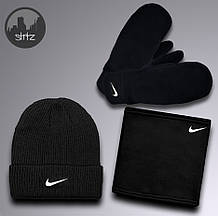 Чоловічий комплект шапка + бафф + рукавички Nike чорного кольору (люкс )