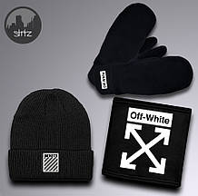 Чоловічий комплект шапка + бафф + рукавички Off White чорного кольору (люкс )