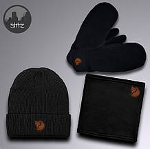 Чоловічий комплект шапка + бафф + рукавички Fjall Raven чорного кольору (люкс )