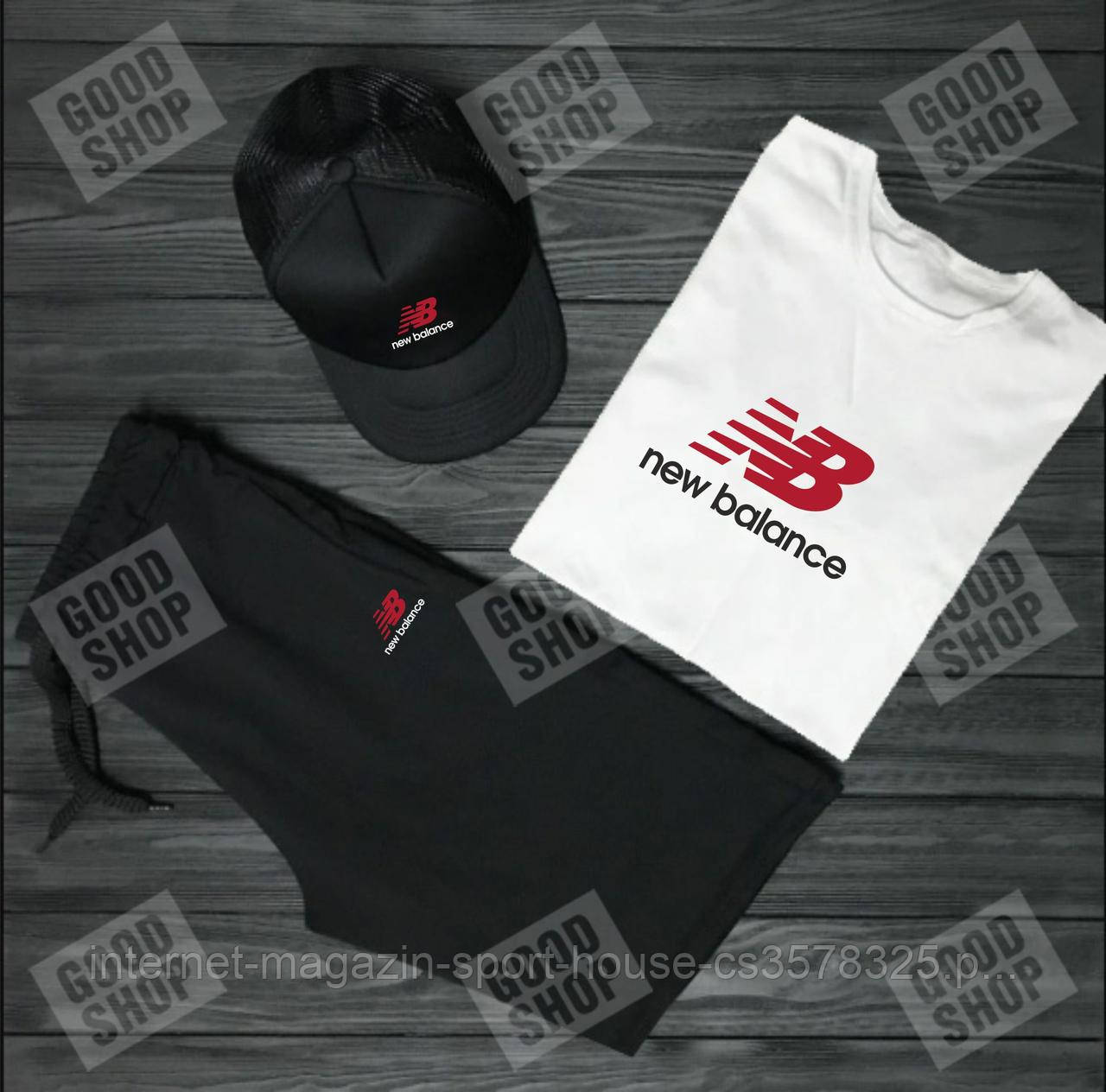 Чоловічий комплект футболка, кепка і шорти New Balance чорного і білого кольору (люкс )