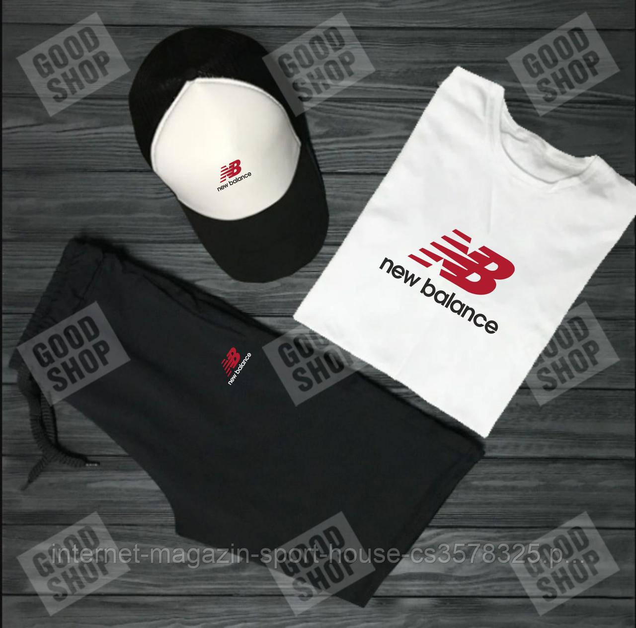 Чоловічий комплект футболка, кепка і шорти New Balance чорного і білого кольору (люкс )