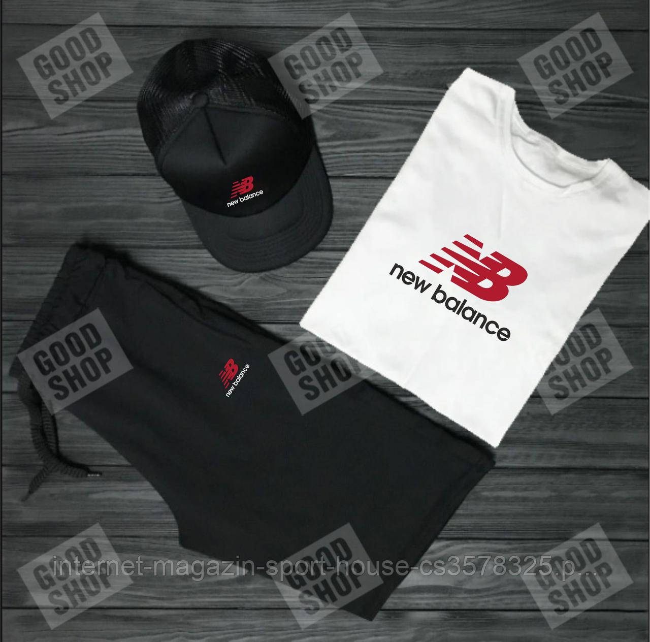 Чоловічий комплект футболка, кепка і шорти New Balance чорного і білого кольору (люкс )