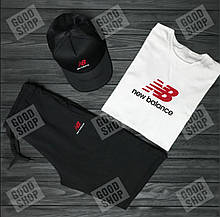 Чоловічий комплект футболка, кепка і шорти New Balance чорного і білого кольору (люкс )