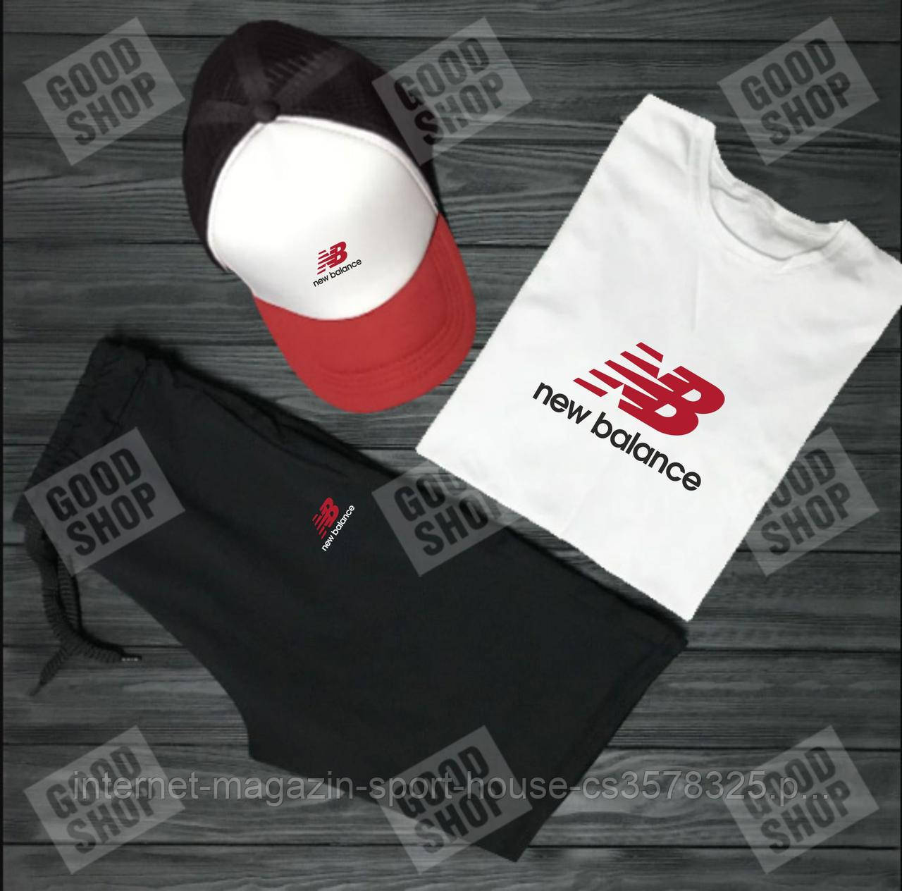 Чоловічий комплект футболка, кепка і шорти New Balance чорного, червоного і білого кольору (люкс )