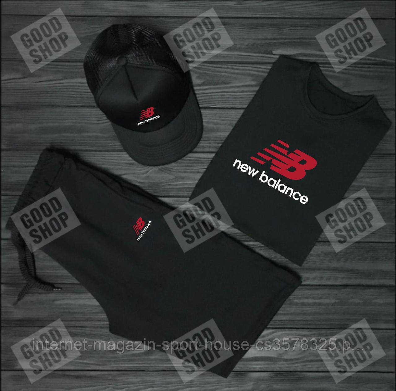 Чоловічий комплект футболка, кепка і шорти New Balance чорного кольору (люкс )