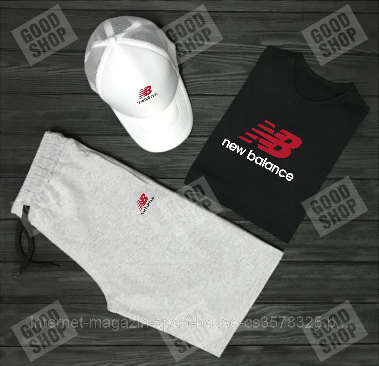 Чоловічий комплект футболка, кепка і шорти New Balance чорного, сірого і білого кольору (люкс )