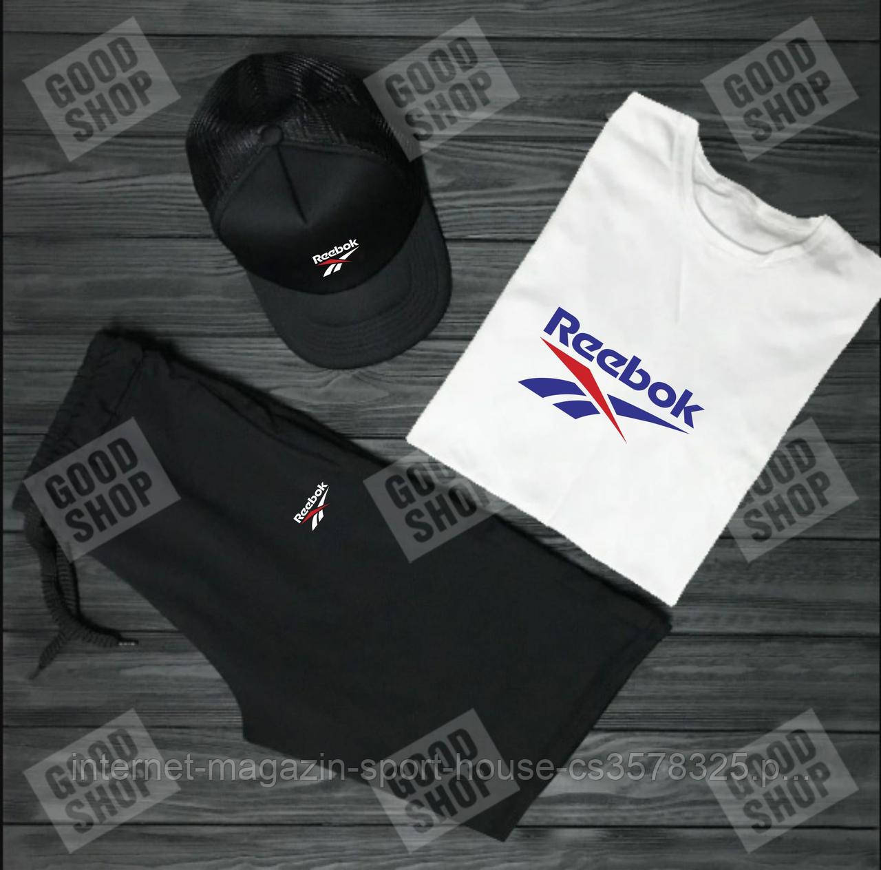 Чоловічий костюм трійка кепка футболка і шорти Рібок (Reebok), літній чоловічий костюм,