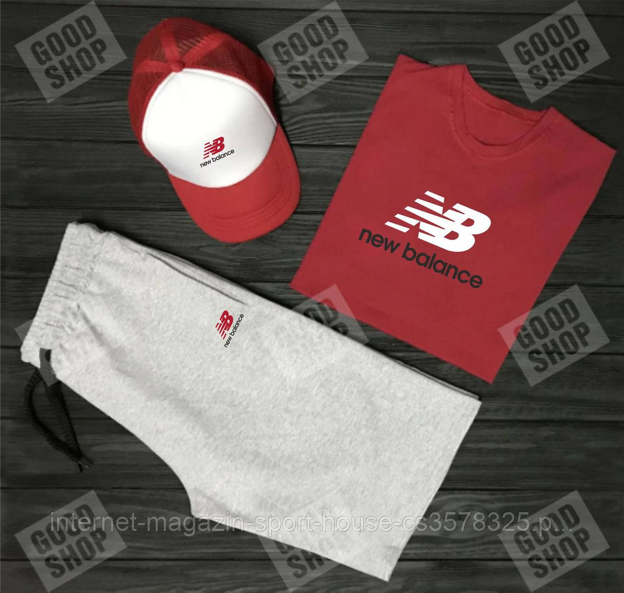 Чоловічий комплект футболка, кепка і шорти New Balance сірого, червоного і білого кольору (люкс )