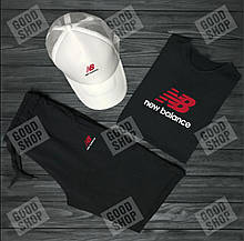 Чоловічий комплект футболка, кепка і шорти New Balance чорного і білого кольору (люкс )