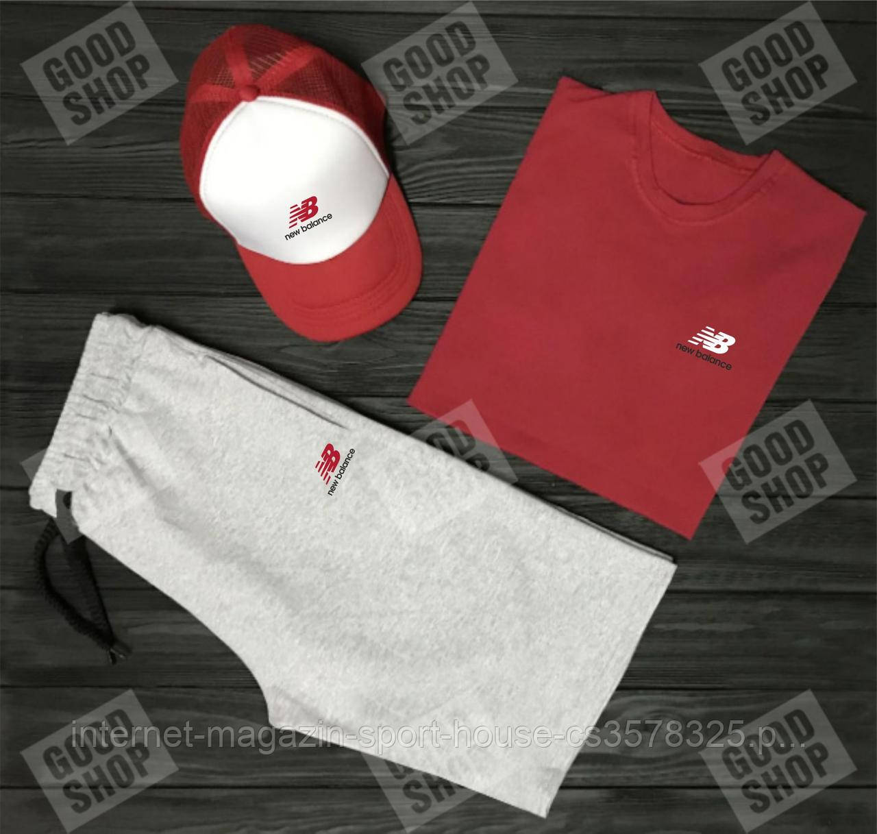 Чоловічий комплект футболка, кепка і шорти New Balance червоного, сірого і білого кольору (люкс )