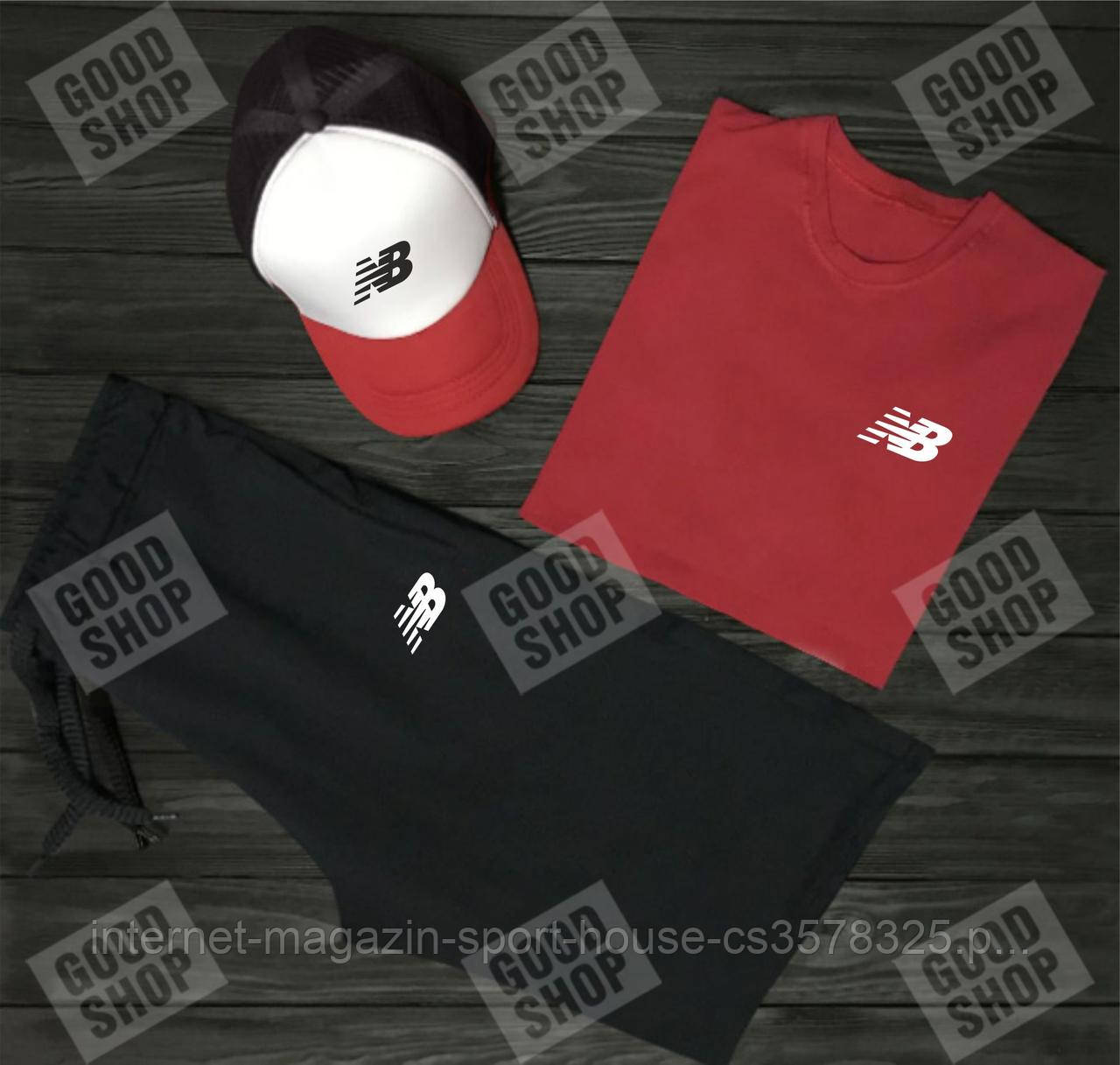 Чоловічий комплект футболка, кепка і шорти New Balance червоного, чорного і білого кольору (люкс )