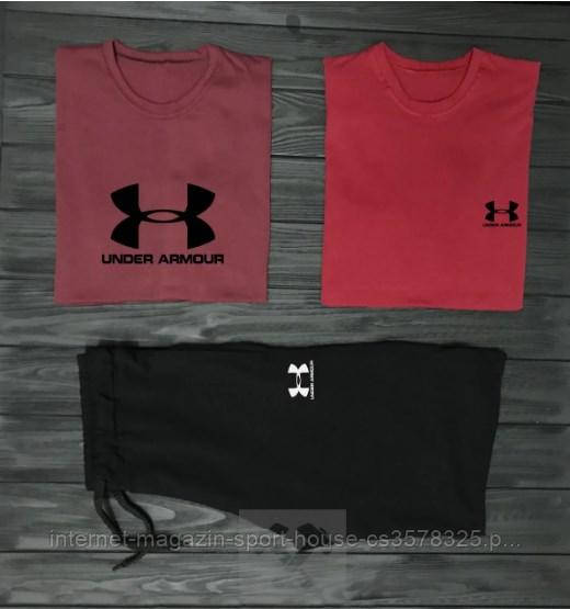 Чоловічий комплект дві футболки + шорти Under Armour червоного і чорного кольору (люкс )