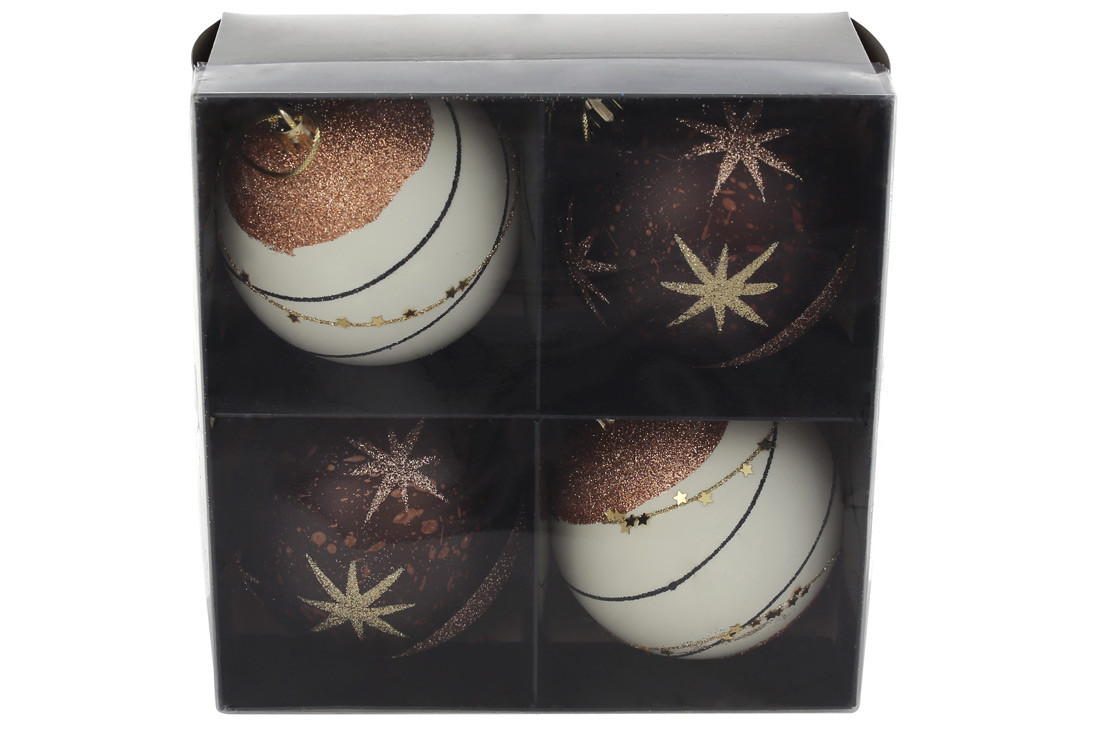 Набір (4шт) ялинкових куль 8см, 2 дизайнимікс у коробці, колір - білий з коричневим ТОВАР ВІД ВИРОБНИКА