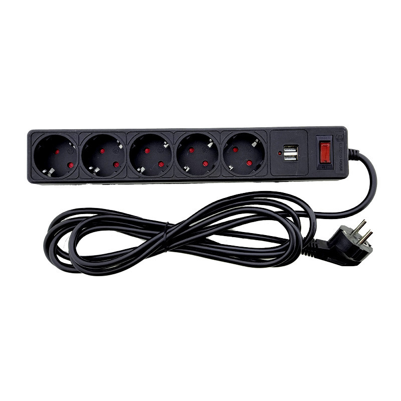 Мережевий фільтр із заземленням 5 гнізд + 2 USB, 3 м, чорний, захисні шторки, фото 1