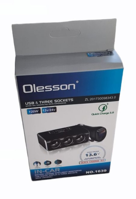 Трійник в прикурювач з вольтметром і USB 12v 24v OLESSON LED ( розгалужувач прикурювача)