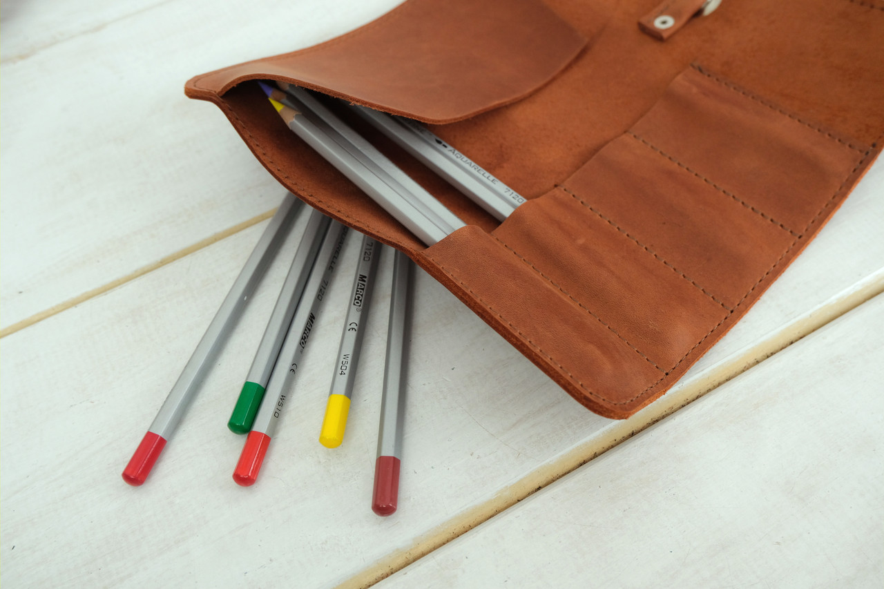 Пенал "Скручування на 4 кишені" з натуральної шкіри колір Коньяк