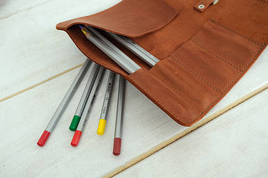 Пенал "Скручування на 4 кишені" з натуральної шкіри колір Коньяк