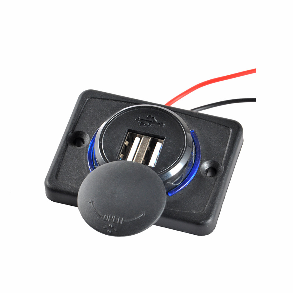 USB розетка A74HB автомобільна накладна (12-24В, 2 USB, 3.1А, з кришкою, з синім підсвічуванням)