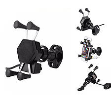 Тримач смартфона (gps-навігатора) з вбудованим портом USB 2.1 А на шарнірі з кріпленням на кермо