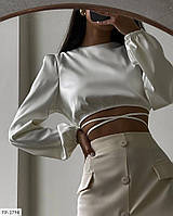 Шикарная шелковая блуза на запах с длинным рукавом и открытой спиной