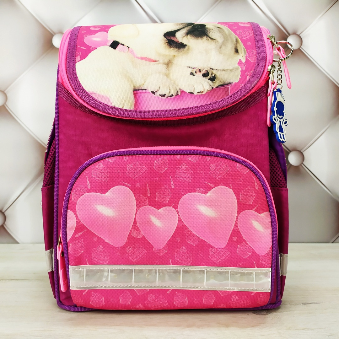 Рюкзак шкільний каркасний для дівчинки з ліхтариками Bagland малинового кольору з собачками, 12 л., фото 1