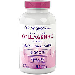 Piping Rock Hydrolyzed Collagen Type I & III, 1000 mg, Колаген 1&3 типу, Вітамін C (300 таб.)