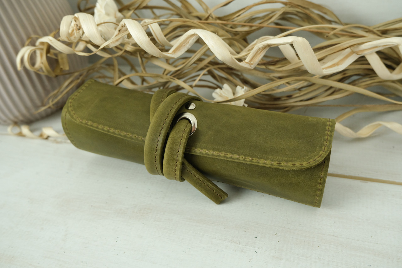 Пенал "Скручування на 4 кишені" з натуральної шкіри колір Оливковий