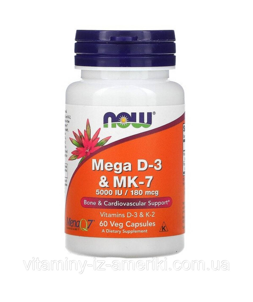 Вітаміни Д3 та К2 дорослим у рослинних капсулах, Mega D-3 & MK-7 (180 мкг/5000 МО), Now Foods, 60 капсул